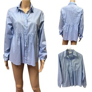 Ninety Cotton Pleated Peplum Button Up Collared Long Sleeve Blue Blouse Large